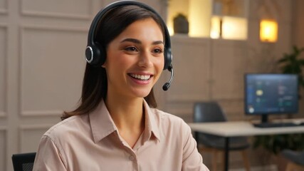 Happy female operator in headset using AI chatbot for customer support and digital communication - Powered by Adobe