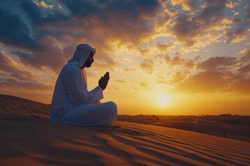 AI image. Serene desert prayer: Muslim man in traditional clothing meditates at sunset under