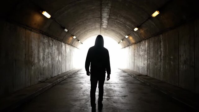 Person Wearing Dark Hoodie Walking in Dark Tunnel During the Day