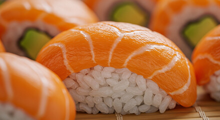 Sushi rolls with salmon and avocado, macro detail