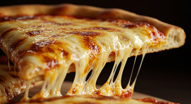 Pizza slice with melted cheese, macro close-up