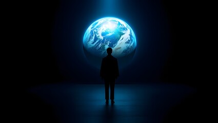 Fototapeta premium Man standing before illuminated earth sphere in a dark space with blue lighting
