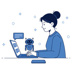 Search concept. Character using artificial intelligence generative tools for searching or browsing internet. Woman integrating with robot. SEO concept. Vector illustration.