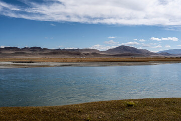 A beautiful landscape of steppe and mountains on an autumn day in Mongolia