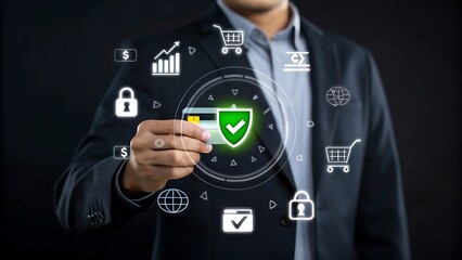 Businessman holding credit card with digital security and online shopping icons, secure e-commerce payment concept
