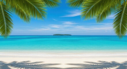 Tropical paradise beach scene with palm trees and turquoise ocean under a bright blue sky