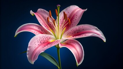 Naklejka premium Beautiful pink lily flower close up on dark blue background 