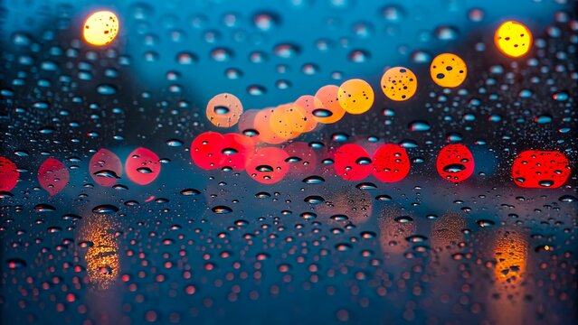 Raindrops on car window with colorful city lights bokeh at night