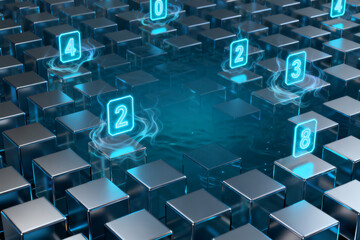 Digital grid of illuminated cubes with floating numbers and glowing connections