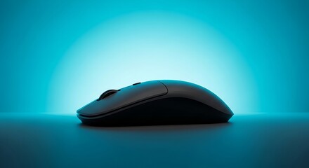 Sleek ergonomic wireless mouse against a vibrant blue illuminated backdrop