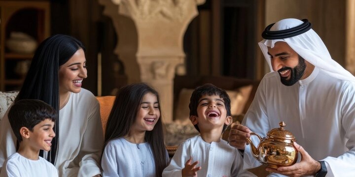 AI image Happy Emirati family enjoying traditional tea ceremony indoors celebrating togetherness