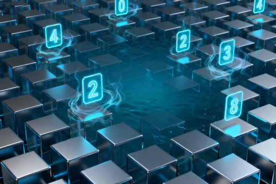 Digital grid of illuminated cubes with floating numbers and glowing connections