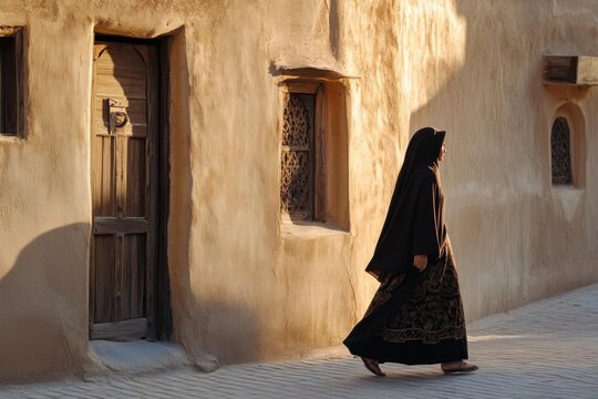 AI image: Veiled woman walks along rustic adobe building with weathered wooden features in the