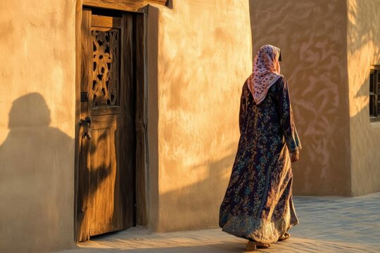 AI image. Woman in Hijab Walking Past Old Doorway in Sunlight in Dubai Al Fahidi Historical