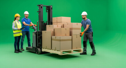 Woman and man forklift operator move boxes on green screen for chromakey effect. Warehouse worker with goods package.