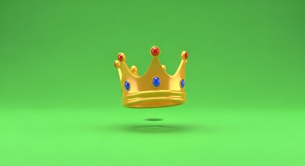 Golden crown with gems floating on green screen. Regal accessory for king or queen. Luxury royal object for compositing.