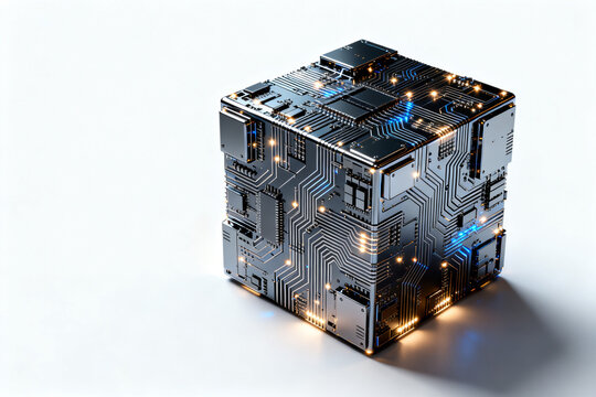 Futuristic electronic cube with illuminated circuitry and glowing components - Powered by Adobe
