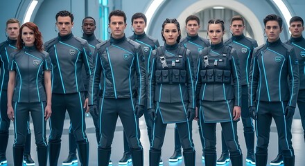 Squad of diverse futuristic soldiers in glowing cybernetic armor.