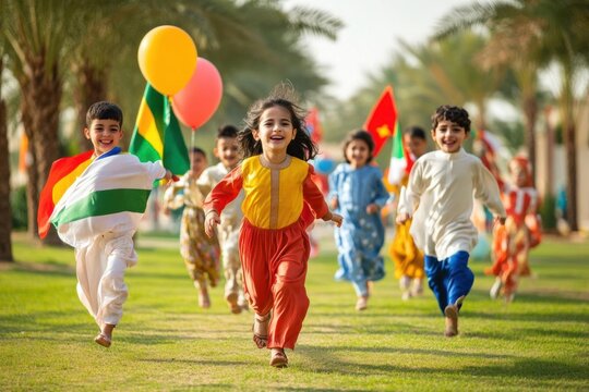 AI image: Cheerful children joyfully race across a sunlit meadow, carrying vibrant flags and