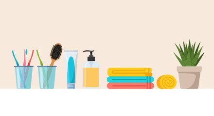 Fototapeta premium A set of bathroom accessories including toothbrushes, a hairbrush, toothpaste, liquid soap, colorful towels, and a small potted plant.