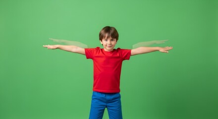 Little boy child spreading arms on green screen background. Happy kid with hands outstretched for chromakey effect. Childhood and freedom concept.