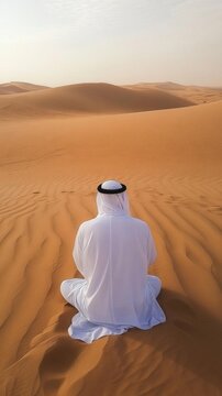 AI image. Peaceful solitude in arid desert landscape with man in traditional Arabian attire