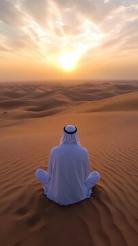 AI image Contemplative figure in traditional attire overlooks serene golden desert landscape at