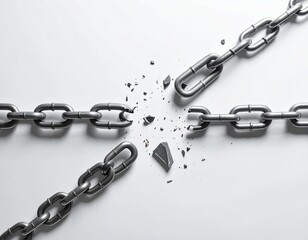 Obraz premium Broken metal chain links shattering apart symbolizing failure and freedom.
