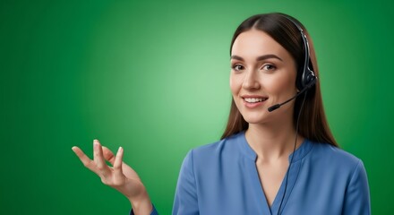 Smiling call center woman in headset on green screen. Female customer service agent for chroma key effect.