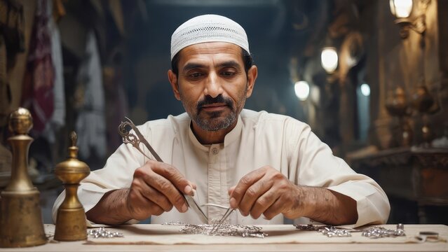 AI image Artisan crafting intricate jewelry in traditional workshop, Middle Eastern craftsman