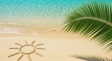 Tropical beach scene with palm tree and sun drawn in sand perfect for summer getaways