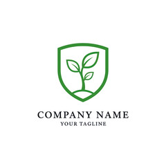 Green Sprout Plant in Shield Logo for Organic Growth, Nature Protection, and Sustainable Business Branding, with "Company Name" and "Your Tagline" placeholders., Flat Vector Elements, Vector