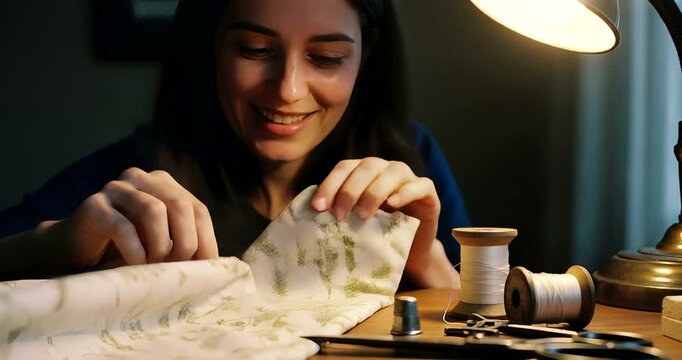 Dedicated seamstress meticulously working on a floral fabric design with focused attention