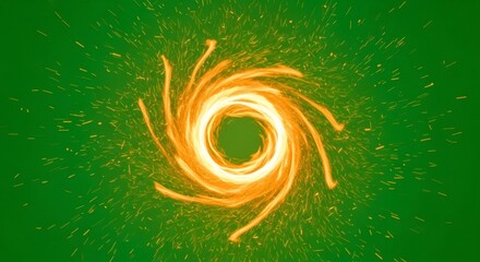 Green screen background with bright orange light trails forming a spiral motion effect for chroma key compositing.