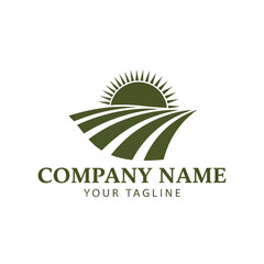 Fototapeta premium Green Agriculture Logo with Stylized Sun Rising Over Rolling Fields for Farm or Food Company Branding, Flat Vector Elements, Vector Illustration, Simple Vector, Stylized Vector Drawing, Vector