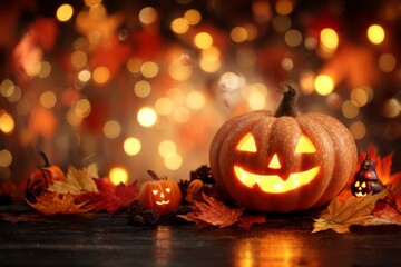 Fototapeta premium Glowing Jack-o’-Lantern with Warm Lights and Fall Decorations, Festive Halloween Background with Space for Text