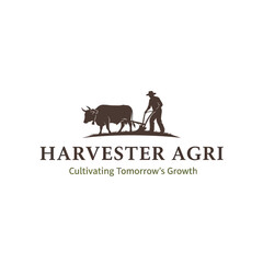 Harvester Logo with Traditional Farmer Plowing Field with Ox and 'Cultivating Tomorrow' Slogan on White Background, Flat Vector Elements, Vector Illustration, Simple Vector, Stylized Vector Drawing,