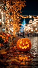 Fototapeta premium Glowing Jack-o’-Lantern with Warm Lights and Fall Decorations, Festive Halloween Background with Space for Text