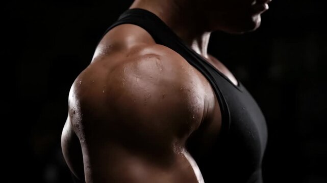 Close-up of Sweaty Shoulders and Upper Back of a Female Athlete After an Intense Workout at the Gym