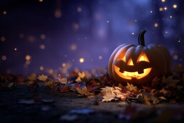 Naklejka premium Glowing Jack-o’-Lantern in Dark Spooky Setting with Autumn Leaves and Starry Purple Night Sky – Traditional Halloween Atmosphere with Soft Shadows and Highlights