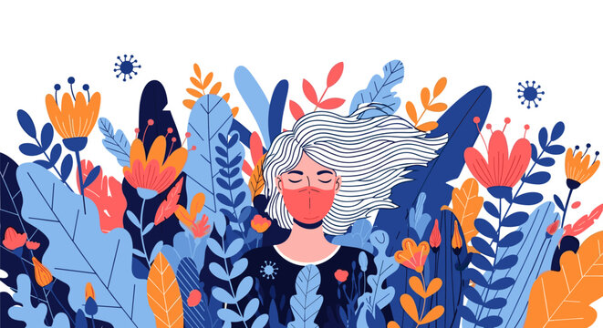 A woman wearing a mask stands in a vibrant garden surrounded by diverse plants and flowers.