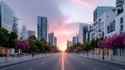 Urban Sunset Street Scene with Modern City Skyline at Dusk with Pink and Purple Sky and Trees Lining Road