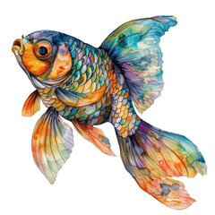 Colorful fish swimming against a transparent background with vibrant watercolor effects and intricate details