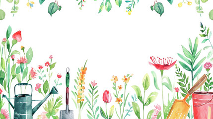 Colorful floral border design with gardening tools on a transparent background for creative use