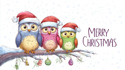 cute owl family sitting on tree branch with christmas decorations, text "Merry Christmas", christmas card design. watercolor hand-drawn, cute baby owls wearing santa hats and colorful in winter landsc