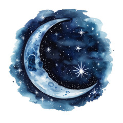 Elegant crescent moon surrounded by stars in a dark blue cosmic sky with a transparent background