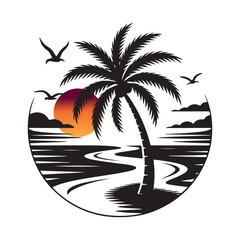 Monochromatic Palm Tree Sunset Vector Illustration Badge