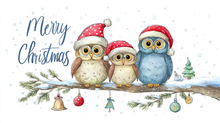 cute owl family sitting on tree branch with christmas decorations, text "Merry Christmas", christmas card design. watercolor hand-drawn, cute baby owls wearing santa hats and colorful in winter landsc