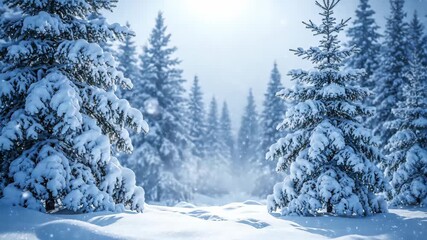 Serene winter forest landscape with snow-covered fir trees and gentle snowfall creating a tranquil, magical atmosphere for holiday themes - Powered by Adobe