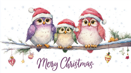 cute owl family sitting on tree branch with christmas decorations, text "Merry Christmas", christmas card design. watercolor hand-drawn, cute baby owls wearing santa hats and colorful in winter landsc